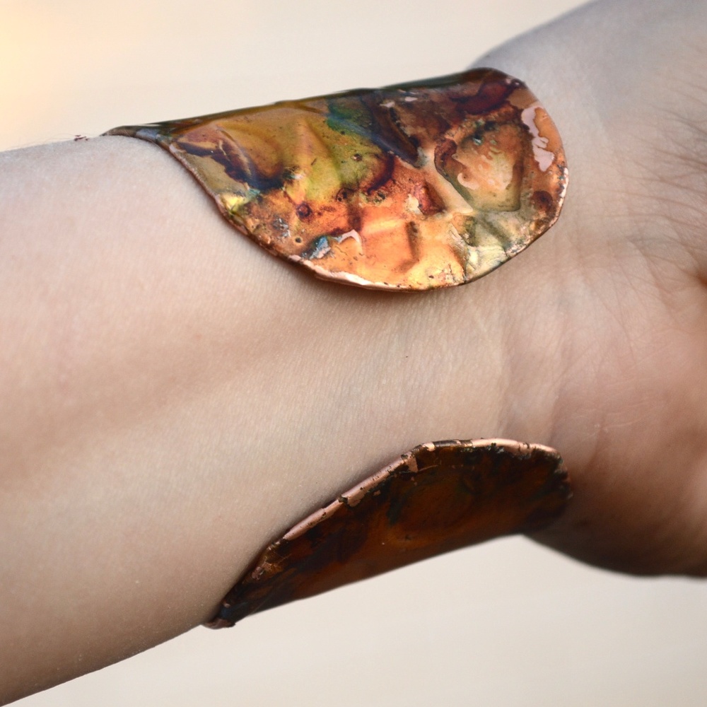 Abstract Copper Psychedelic Wide Cuff Bracelet Handmade Gift Colorful - Picture 6 of 8